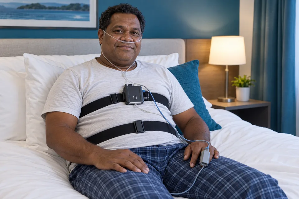 Un homme porte un dispositif d’enregistrement respiratoire du sommeil.