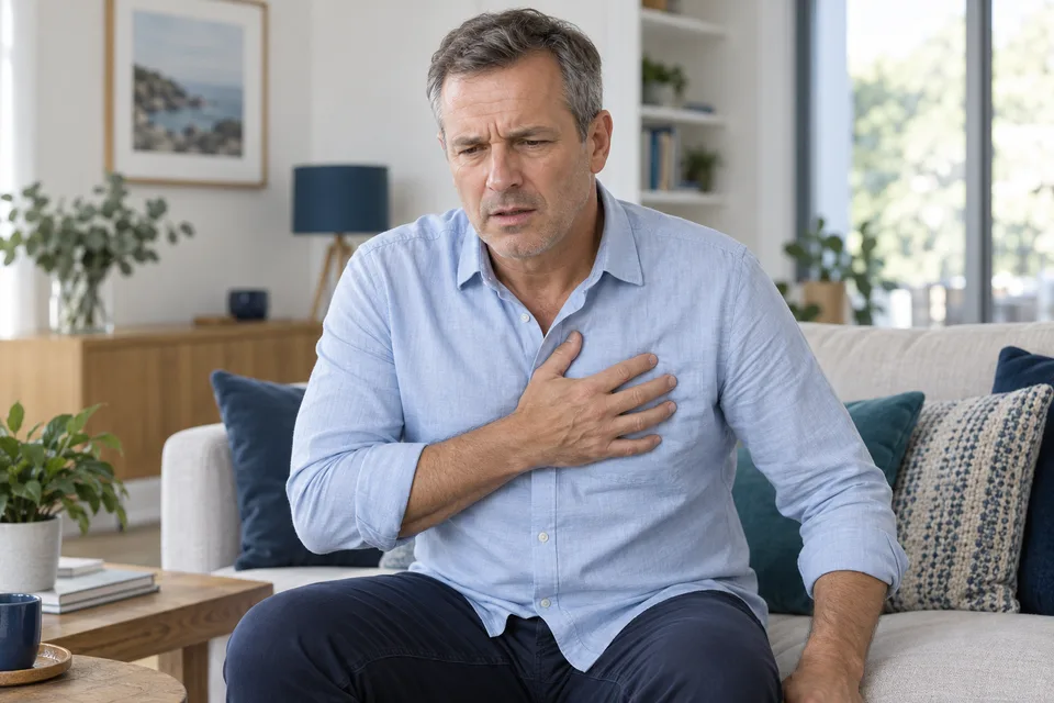 Illustration d’un homme d’environ 50 ans ressentant une douleur thoracique.