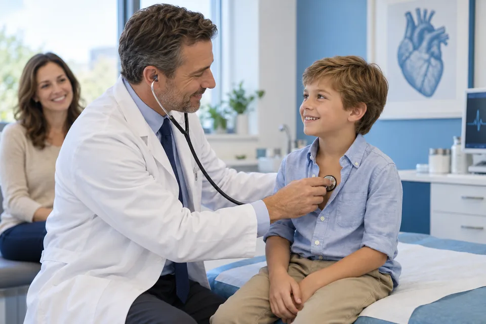 Illustration d’un médecin en blouse blanche auscultant un enfant souriant dans un cabinet médical.