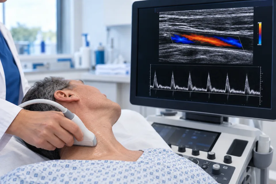 Illustration d’un Doppler des artères du cou, parfois utilisé dans le bilan après un AVC.