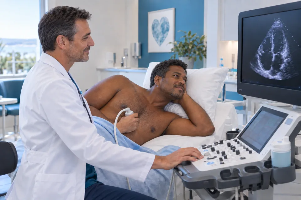 Illustration d’une échographie cardiaque : un médecin en blouse blanche examine un patient allongé sur le côté.