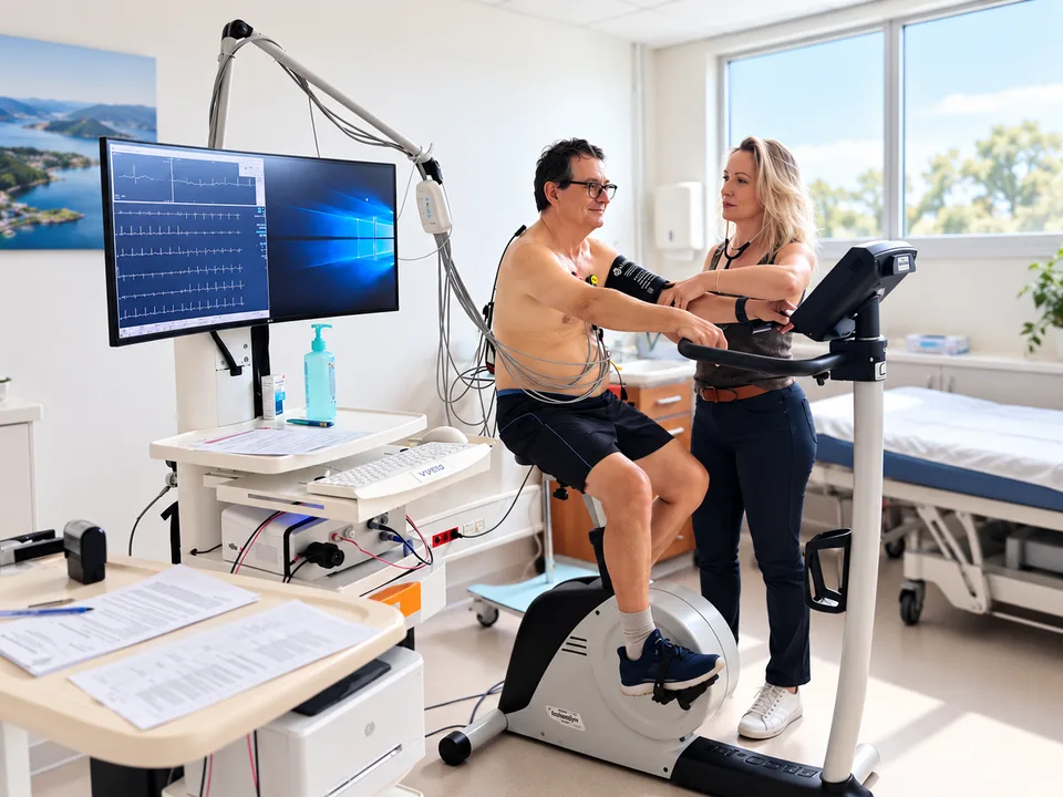 Épreuve d’effort sur vélo avec enregistrement ECG et surveillance de la tension artérielle par une professionnelle de santé.