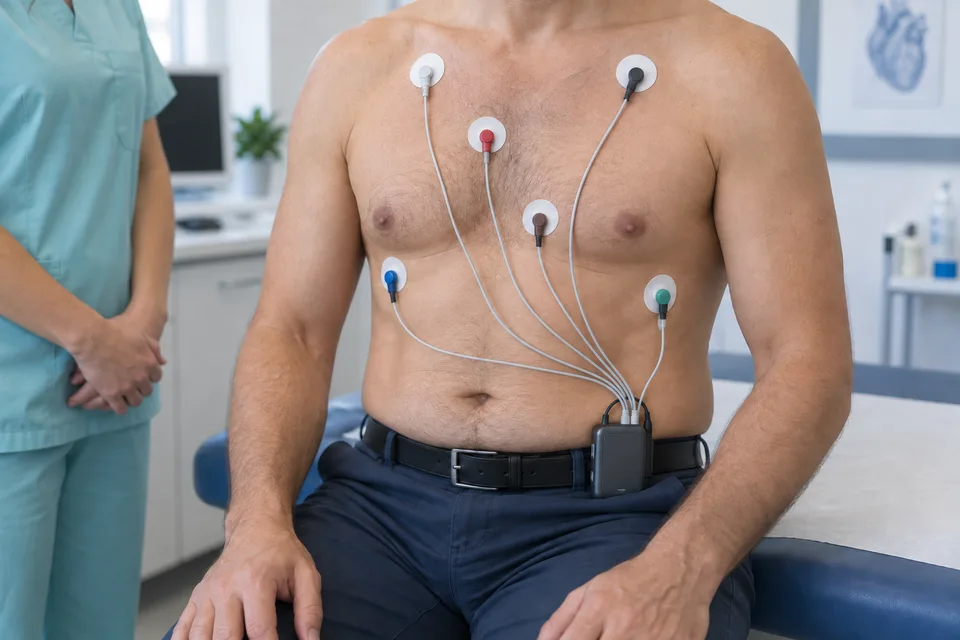 Illustration d’un Holter ECG : six électrodes sur le torse d’un patient anonyme, reliées à un boîtier portable, avec une assistante à ses côtés.