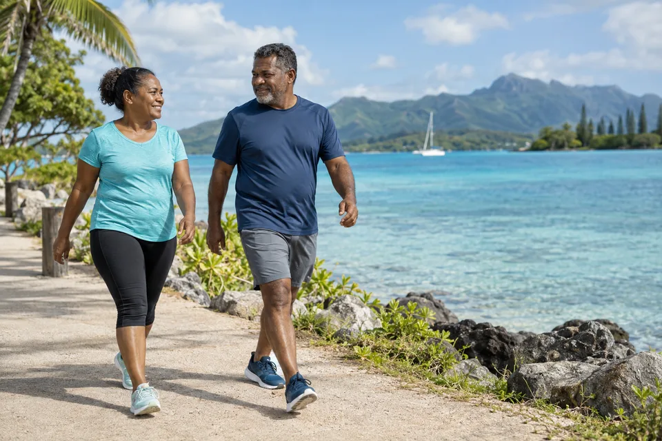 Deux adultes marchent au bord du lagon.