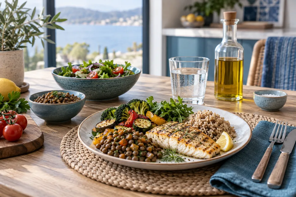 Repas composé de légumes, de céréales et de poisson.
