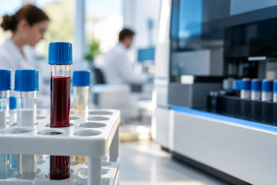 Tubes de prélèvement sanguin dans un laboratoire.