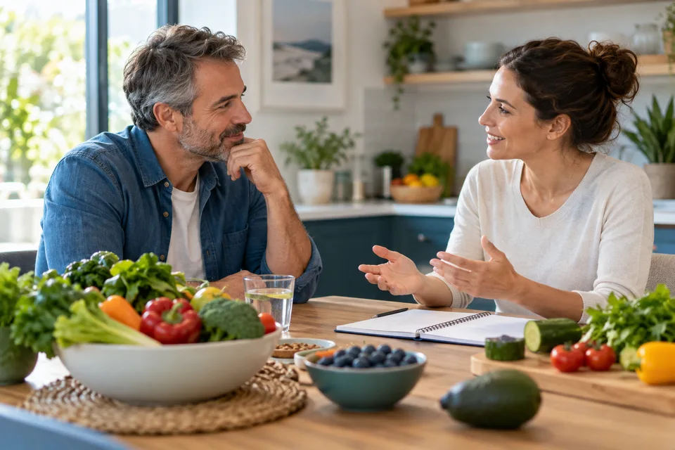 Deux adultes échangent autour d’aliments variés.
