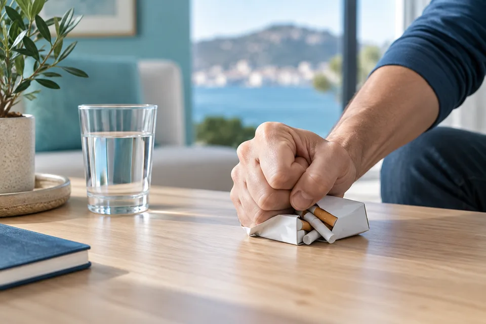 Une personne froisse un paquet de cigarettes.