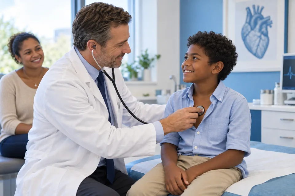 Illustration d’un enfant mélanésien de 12 ans en consultation cardiologique.
