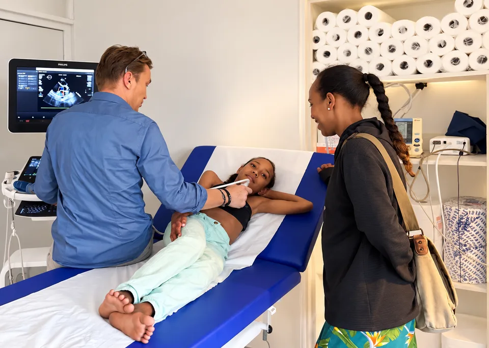 Échographie cardiaque chez une enfant accompagnée d’une adulte.